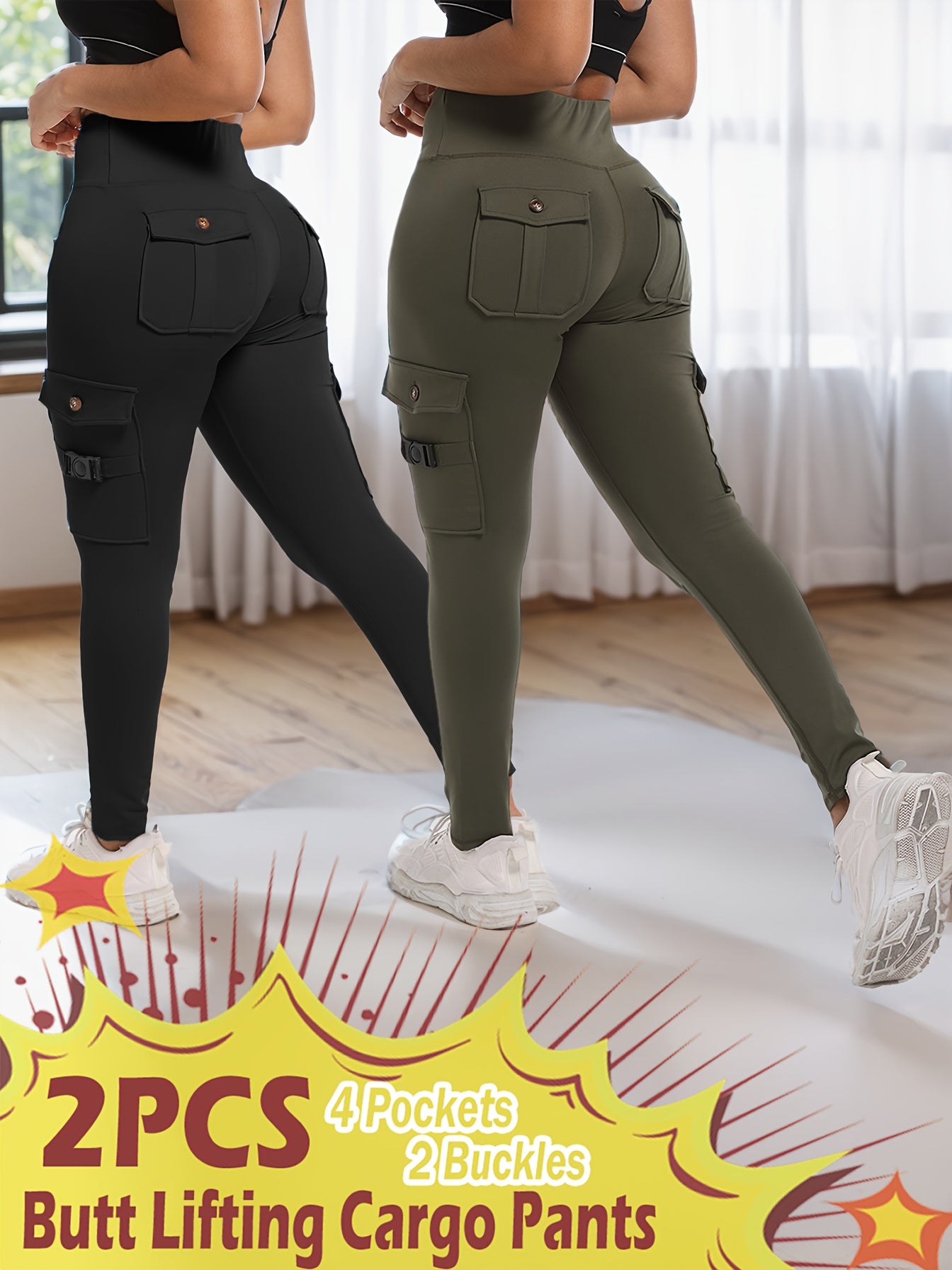 2-Pack High-Waisted Cargo Yoga Leggings with Slide Buckle Pockets - Tummy Control, 4 Pockets, Breathable, Four-Way Stretch, Moisture-Wicking, Fitness Pants for Running, Gym, And Yoga Enthusiasts