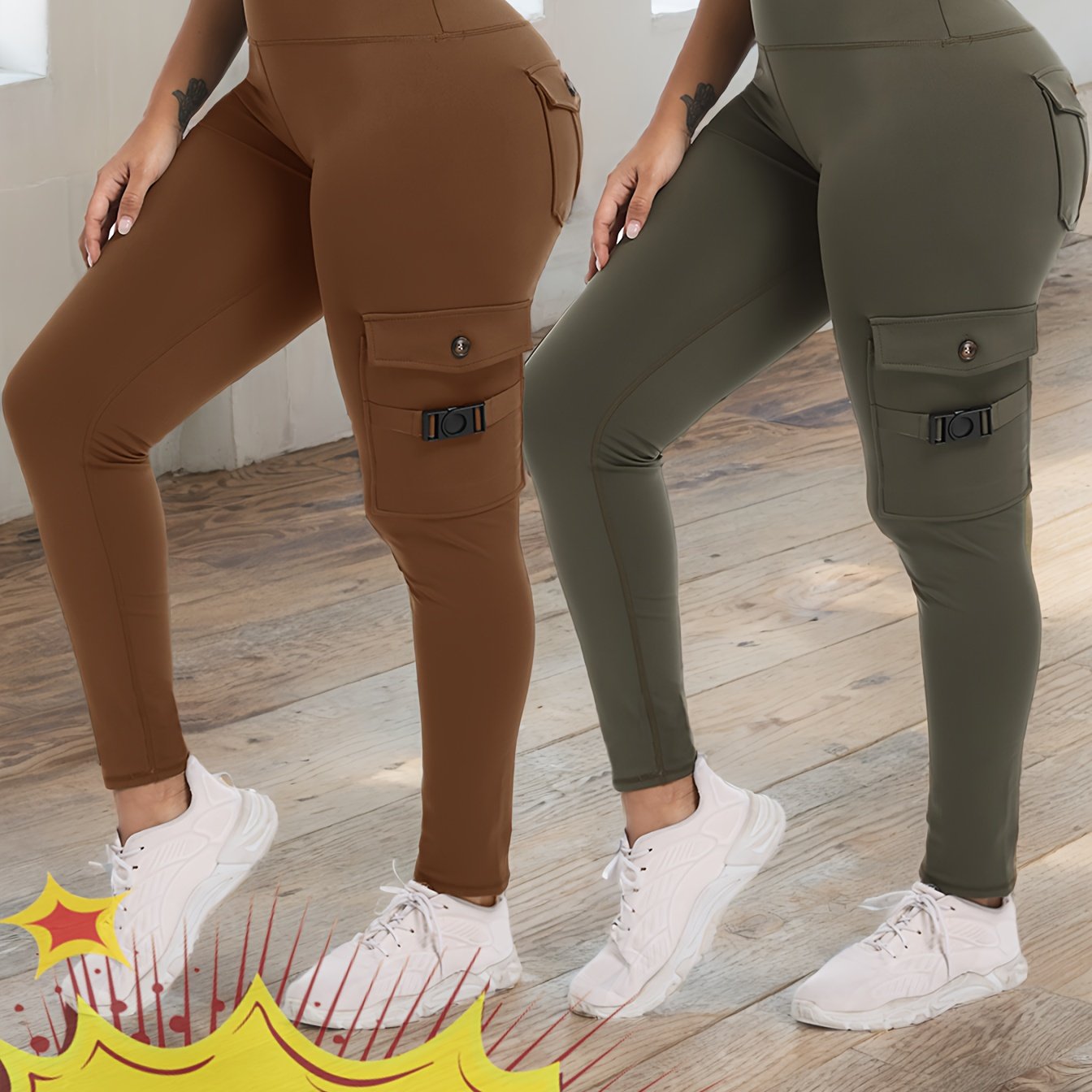 2-Pack High-Waisted Cargo Yoga Leggings with Slide Buckle Pockets - Tummy Control, 4 Pockets, Breathable, Four-Way Stretch, Moisture-Wicking, Fitness Pants for Running, Gym, And Yoga Enthusiasts