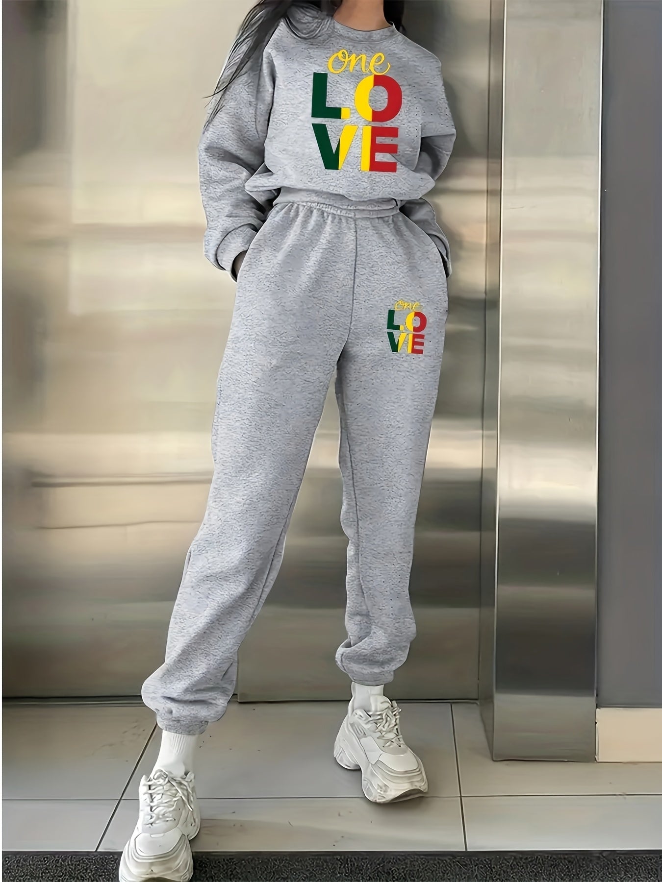 4444L73 Round Neck Sweatshirt Print Two-Piece Set