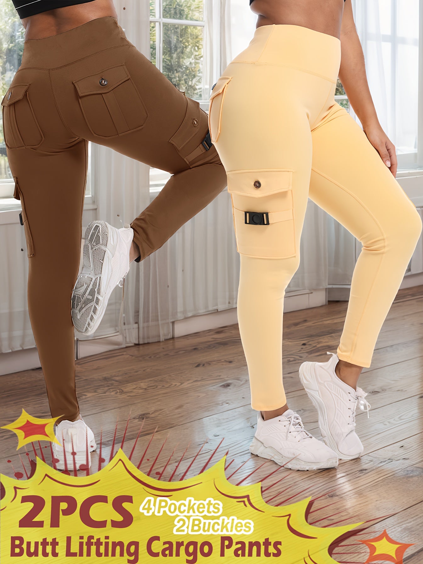 2-Pack High-Waisted Cargo Yoga Leggings with Slide Buckle Pockets - Tummy Control, 4 Pockets, Breathable, Four-Way Stretch, Moisture-Wicking, Fitness Pants for Running, Gym, And Yoga Enthusiasts