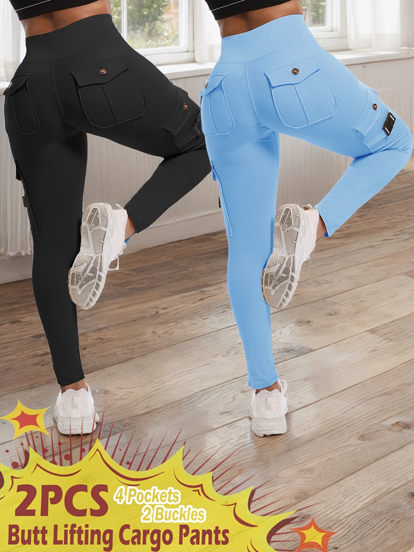 2-Pack High-Waisted Cargo Yoga Leggings with Slide Buckle Pockets - Tummy Control, 4 Pockets, Breathable, Four-Way Stretch, Moisture-Wicking, Fitness Pants for Running, Gym, And Yoga Enthusiasts