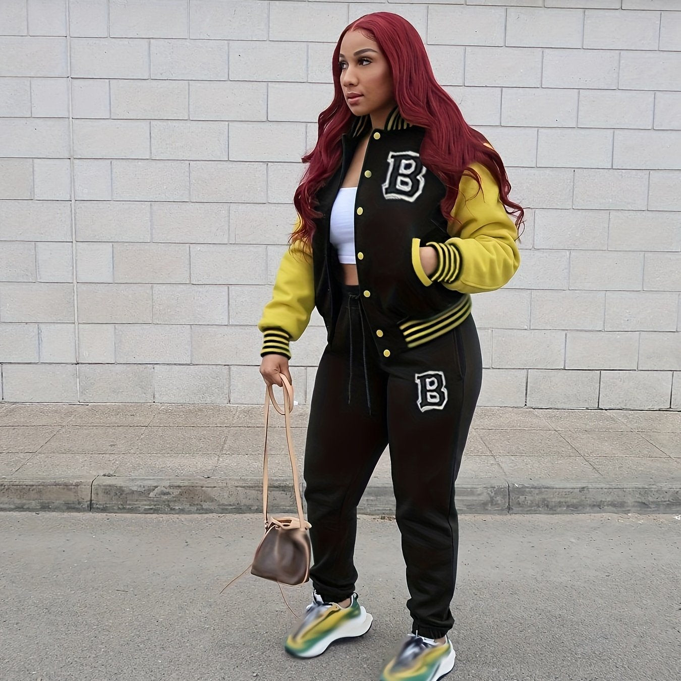 2pcs Women's Casual Crew Neck Varsity Jacket Set & Drawstring Jogger Pants - Smooth Polyester Fabric, 200g/m², Micro Elasticity - Fall/Winter Essentials | Applique Details | Machine Washable