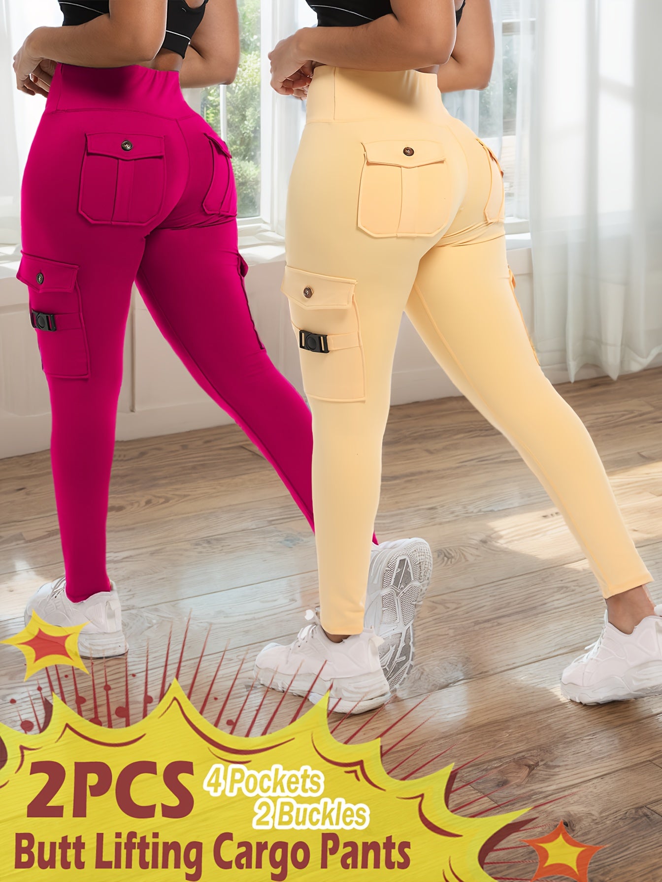 2-Pack High-Waisted Cargo Yoga Leggings with Slide Buckle Pockets - Tummy Control, 4 Pockets, Breathable, Four-Way Stretch, Moisture-Wicking, Fitness Pants for Running, Gym, And Yoga Enthusiasts
