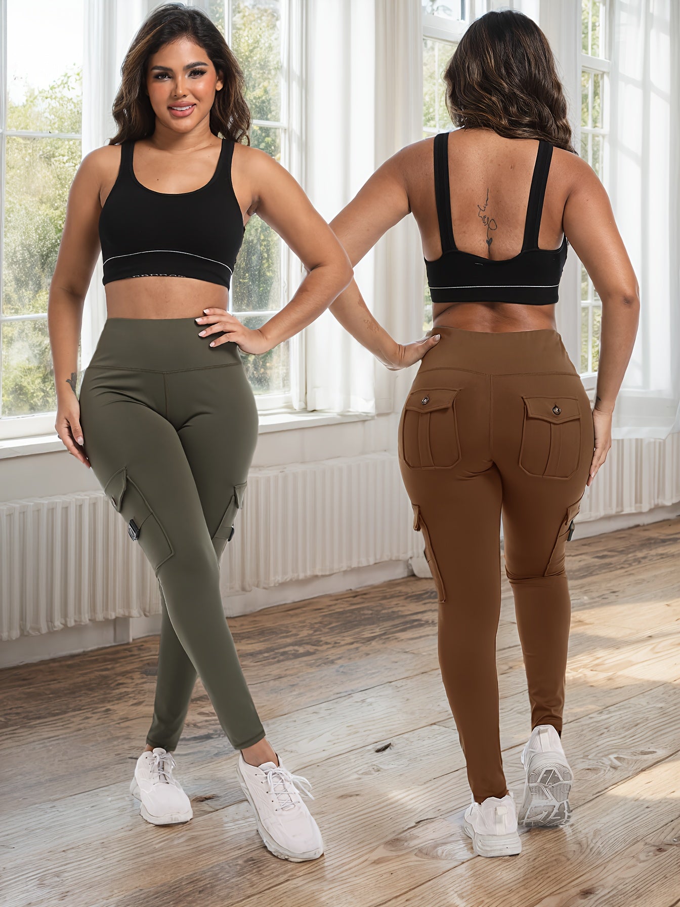 2-Pack High-Waisted Cargo Yoga Leggings with Slide Buckle Pockets - Tummy Control, 4 Pockets, Breathable, Four-Way Stretch, Moisture-Wicking, Fitness Pants for Running, Gym, And Yoga Enthusiasts