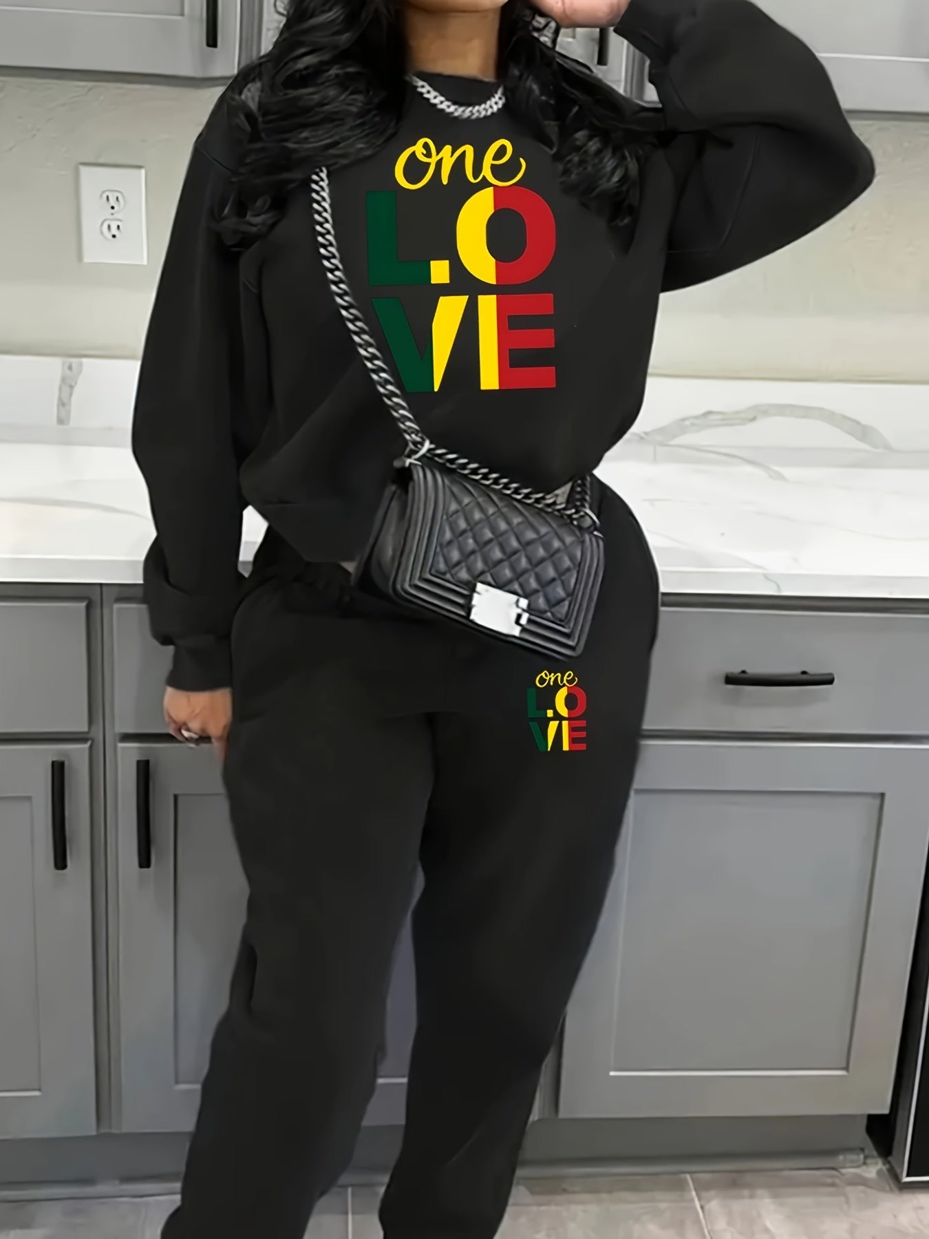 4444L73 Round Neck Sweatshirt Print Two-Piece Set