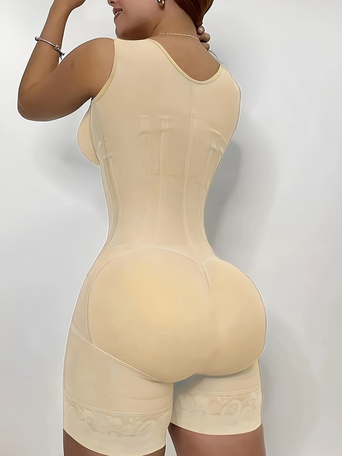 1pc Women's High-Waist Tummy Control Shapewear Bodysuit with Butt Lifter & Breast Support - Full Coverage Zipper Closure, Lace Panel & Smooth Nylon/Elastane Blend, Elegant Black Workout & Everyday Underwear for Body & Posture