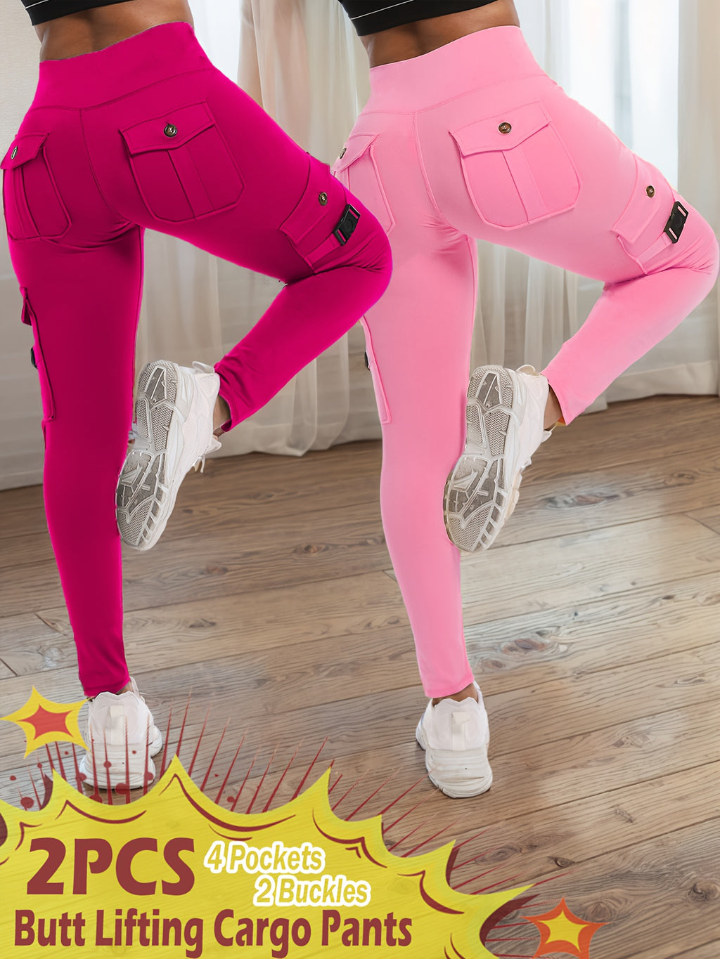 2-Pack High-Waisted Cargo Yoga Leggings with Slide Buckle Pockets - Tummy Control, 4 Pockets, Breathable, Four-Way Stretch, Moisture-Wicking, Fitness Pants for Running, Gym, And Yoga Enthusiasts