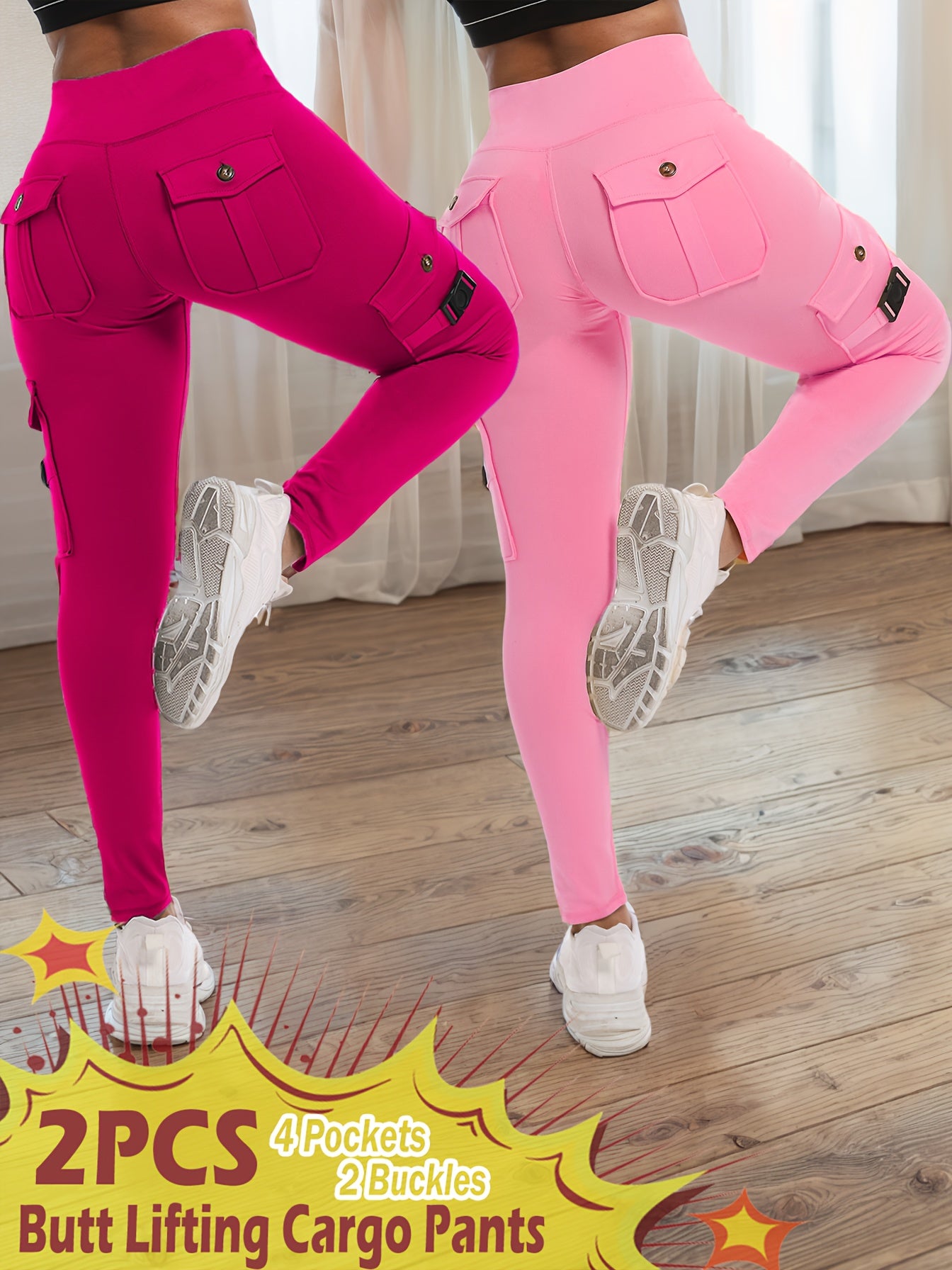 2-Pack High-Waisted Cargo Yoga Leggings with Slide Buckle Pockets - Tummy Control, 4 Pockets, Breathable, Four-Way Stretch, Moisture-Wicking, Fitness Pants for Running, Gym, And Yoga Enthusiasts