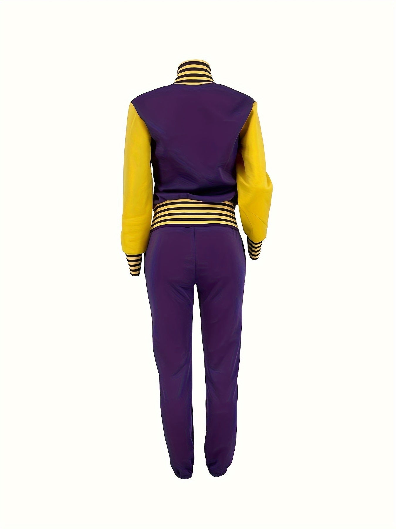 2pcs Women's Casual Crew Neck Varsity Jacket Set & Drawstring Jogger Pants - Smooth Polyester Fabric, 200g/m², Micro Elasticity - Fall/Winter Essentials | Applique Details | Machine Washable