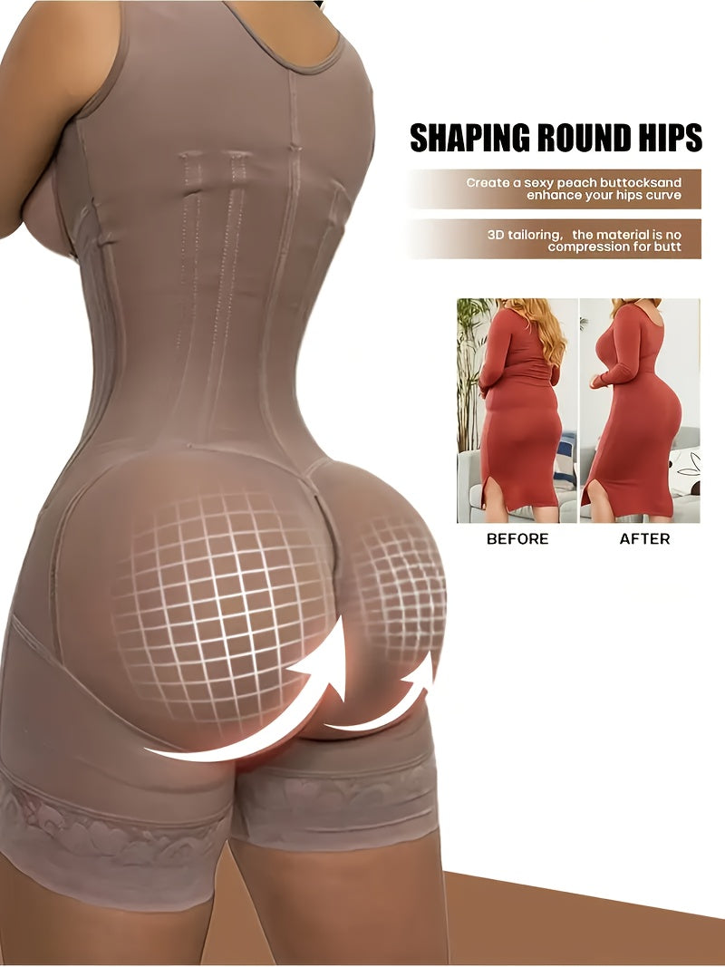 1pc Women's High-Waist Tummy Control Shapewear Bodysuit with Butt Lifter & Breast Support - Full Coverage Zipper Closure, Lace Panel & Smooth Nylon/Elastane Blend, Elegant Black Workout & Everyday Underwear for Body & Posture