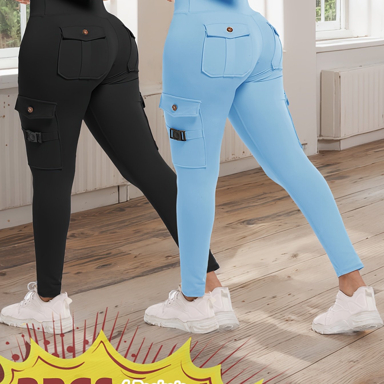 2-Pack High-Waisted Cargo Yoga Leggings with Slide Buckle Pockets - Tummy Control, 4 Pockets, Breathable, Four-Way Stretch, Moisture-Wicking, Fitness Pants for Running, Gym, And Yoga Enthusiasts