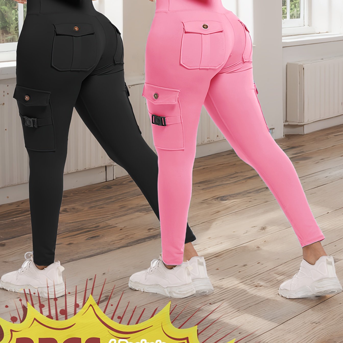 2-Pack High-Waisted Cargo Yoga Leggings with Slide Buckle Pockets - Tummy Control, 4 Pockets, Breathable, Four-Way Stretch, Moisture-Wicking, Fitness Pants for Running, Gym, And Yoga Enthusiasts