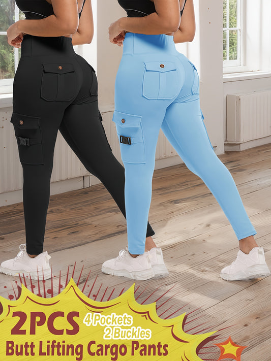 2-Pack High-Waisted Cargo Yoga Leggings with Slide Buckle Pockets - Tummy Control, 4 Pockets, Breathable, Four-Way Stretch, Moisture-Wicking, Fitness Pants for Running, Gym, And Yoga Enthusiasts