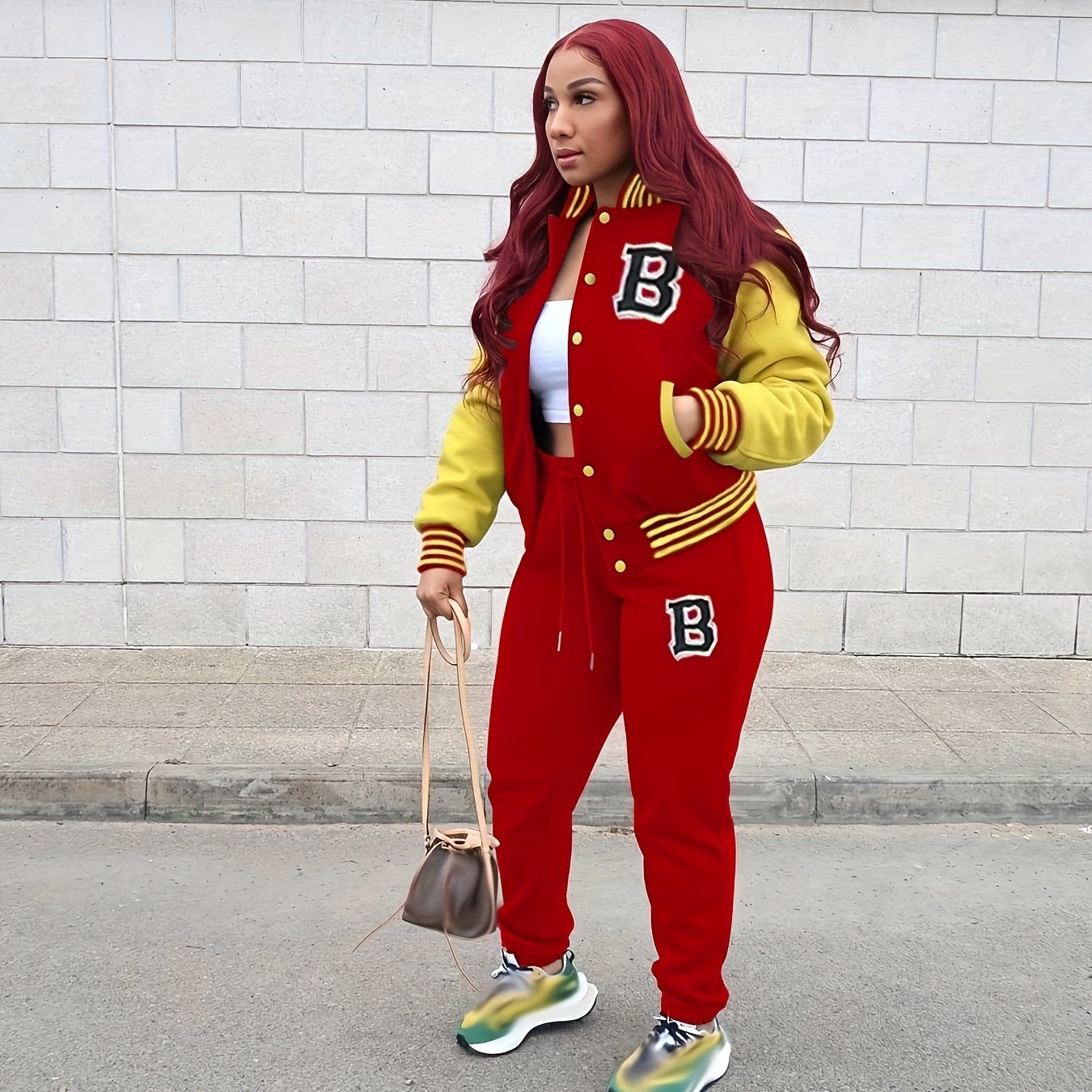 2pcs Women's Casual Crew Neck Varsity Jacket Set & Drawstring Jogger Pants - Smooth Polyester Fabric, 200g/m², Micro Elasticity - Fall/Winter Essentials | Applique Details | Machine Washable