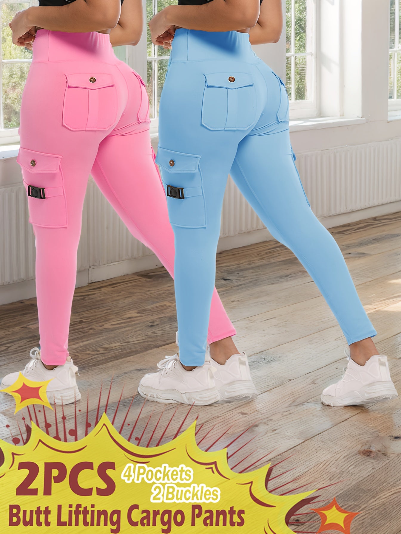 2-Pack High-Waisted Cargo Yoga Leggings with Slide Buckle Pockets - Tummy Control, 4 Pockets, Breathable, Four-Way Stretch, Moisture-Wicking, Fitness Pants for Running, Gym, And Yoga Enthusiasts
