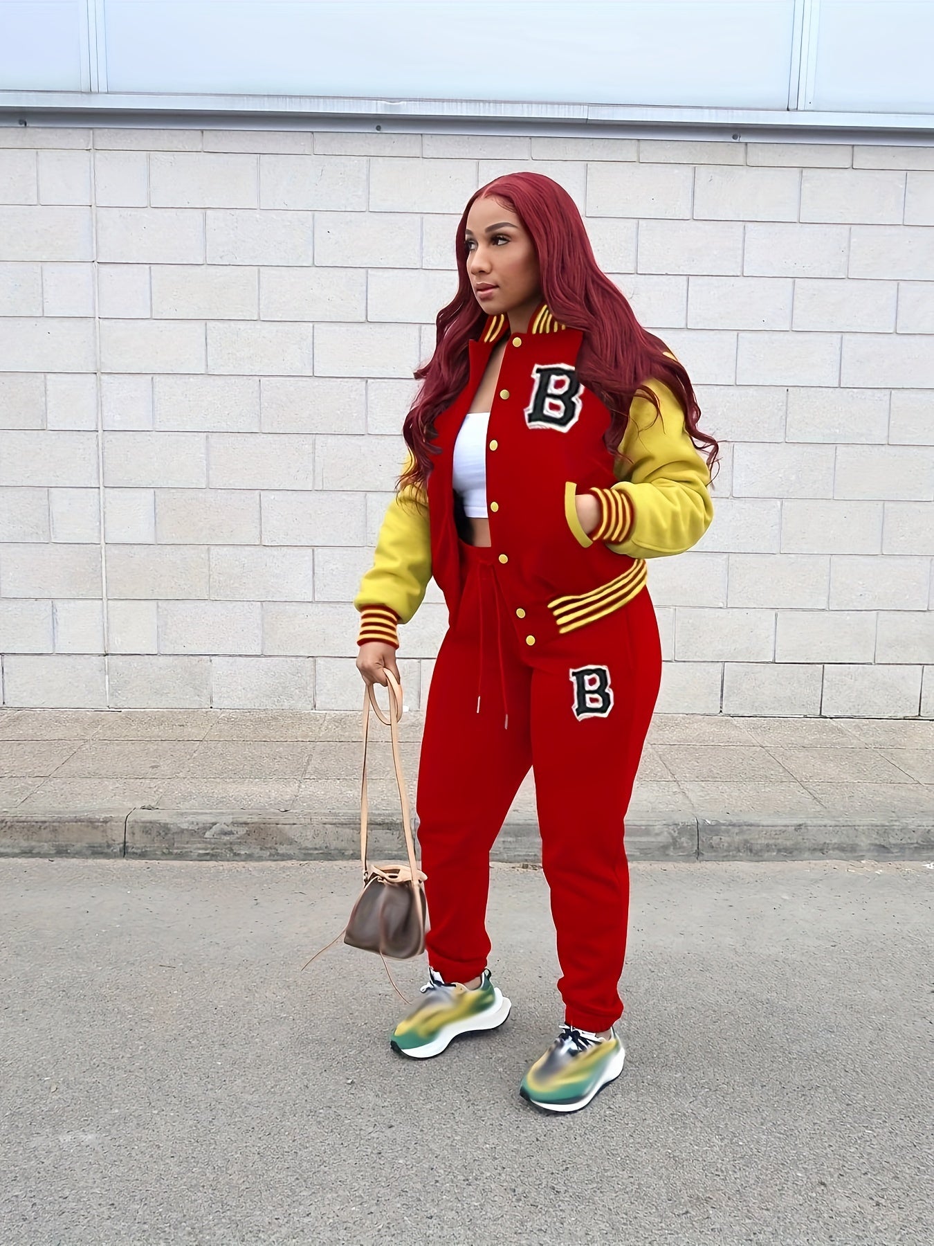 2pcs Women's Casual Crew Neck Varsity Jacket Set & Drawstring Jogger Pants - Smooth Polyester Fabric, 200g/m², Micro Elasticity - Fall/Winter Essentials | Applique Details | Machine Washable