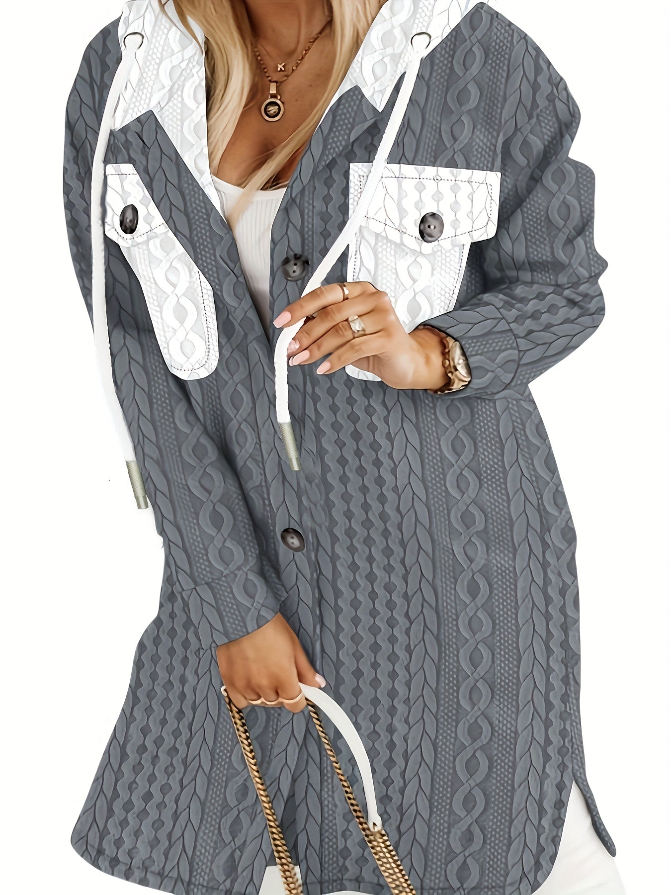 [Stylish Plus Size Jacket] Plus Size Women's Hooded Jacket - Black & White Color Block Winter Coat | Machine Washable, Warm Material, Stylish Outerwear for Cold Weather, Everyday & Formal Events, Fashionconscious Women, Elega