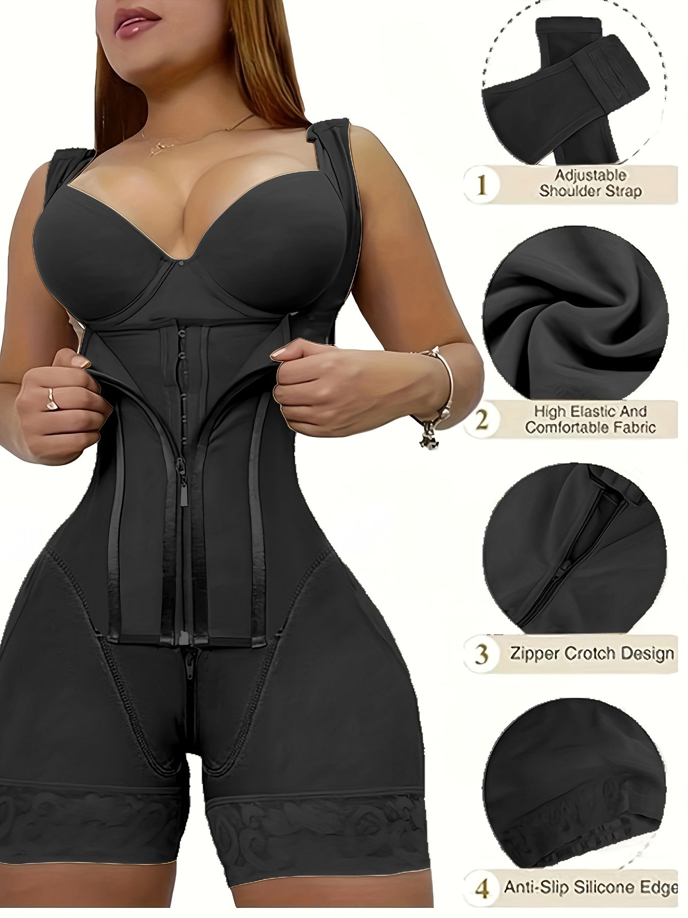 1pc Women's High-Waist Tummy Control Shapewear Bodysuit with Butt Lifter & Breast Support - Full Coverage Zipper Closure, Lace Panel & Smooth Nylon/Elastane Blend, Elegant Black Workout & Everyday Underwear for Body & Posture