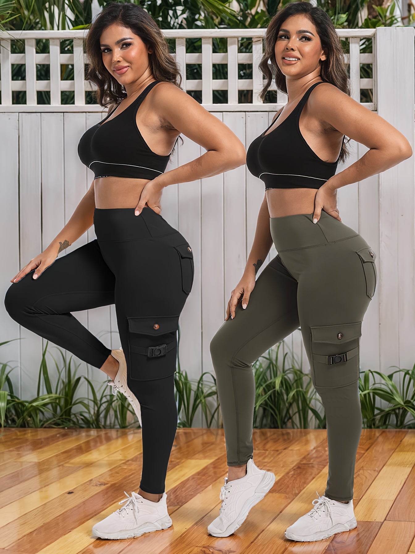 2-Pack High-Waisted Cargo Yoga Leggings with Slide Buckle Pockets - Tummy Control, 4 Pockets, Breathable, Four-Way Stretch, Moisture-Wicking, Fitness Pants for Running, Gym, And Yoga Enthusiasts