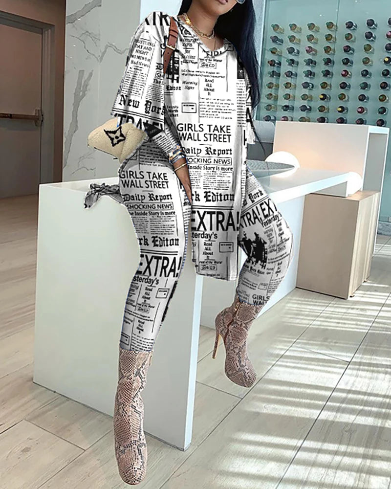 2025 Women Spring Autumn Casual Loose 2 Piece Set Women Outfits Women'S Newspaper Print Tops And Pants High Waist Casual Suit