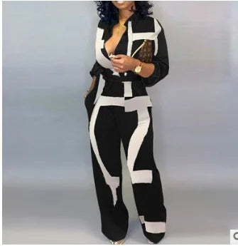 Harajuku Fashion Casual Newspaper Print One Piece Pants Loose Lapel Long Sleeve Women's Shirt Pants 2021Plus Size Jumpsuit Women