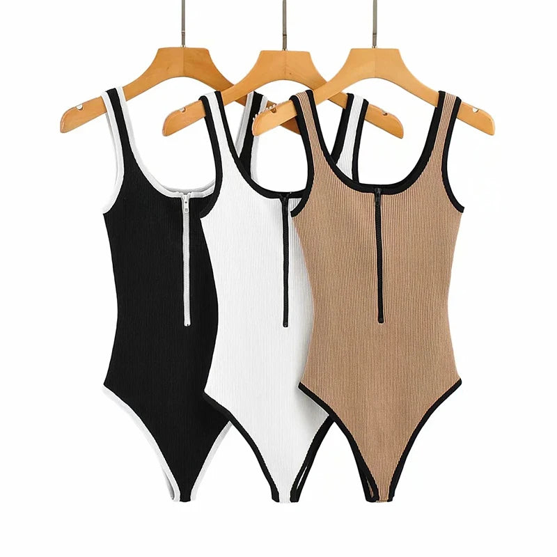 Women's slim fit sports sports black retro bodysuit jumpsuit women's zipper solid color waistless sexy jumpsuit 2022 y2k Toops