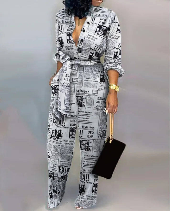 Harajuku Fashion Casual Newspaper Print One Piece Pants Loose Lapel Long Sleeve Women's Shirt Pants 2021Plus Size Jumpsuit Women