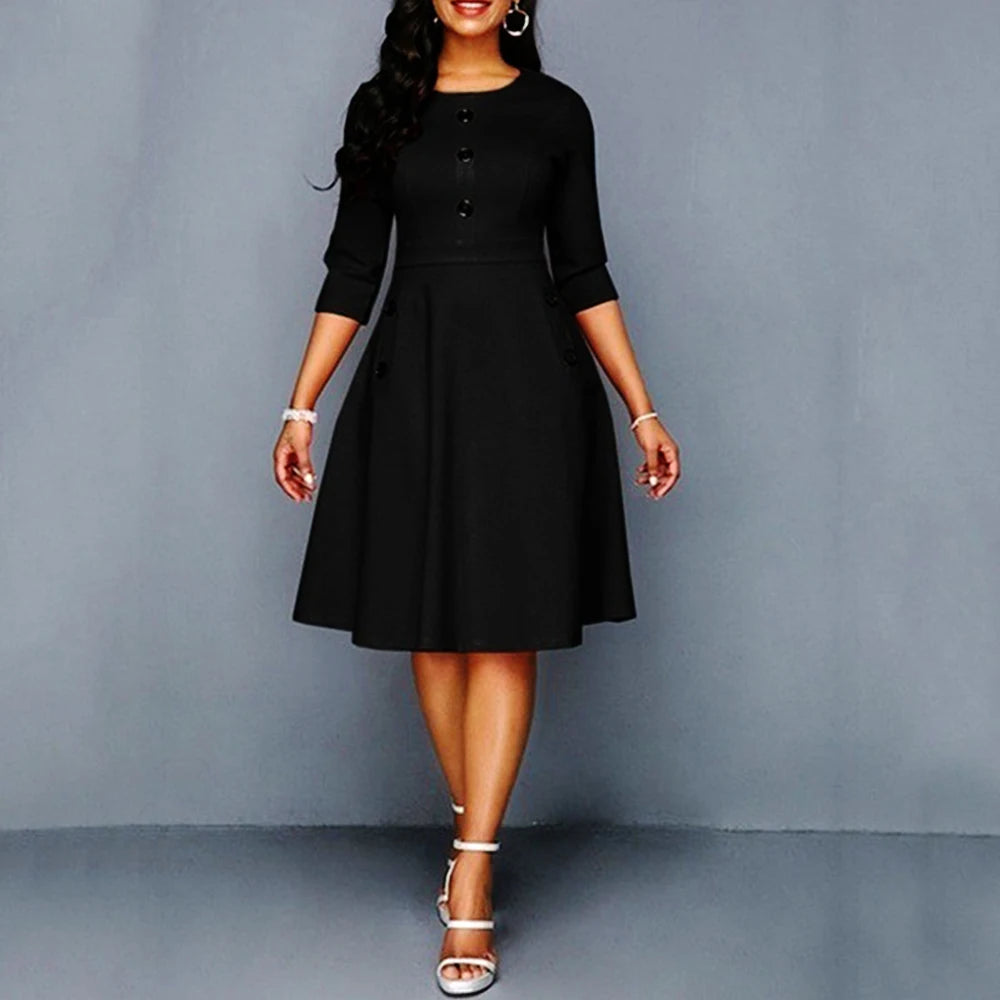 Elegant Solid A-Line Dresses for Women Fashion O-Neck Single-Breasted Design Pockets Decor High Waist Party Dress Slim Vestidos