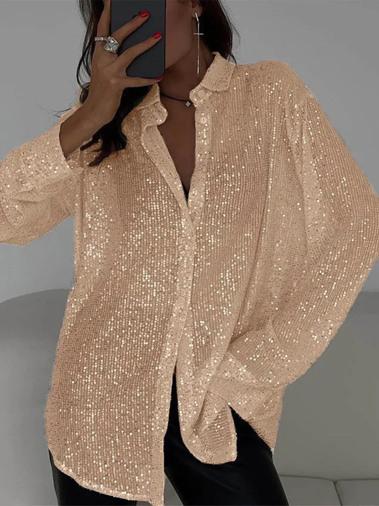 Tossy Sequin Loose Fashion Shirts Female Casual Lapel Cardigan Summer Clothes New Outwear Glitter Party Blouse Luxury Women's