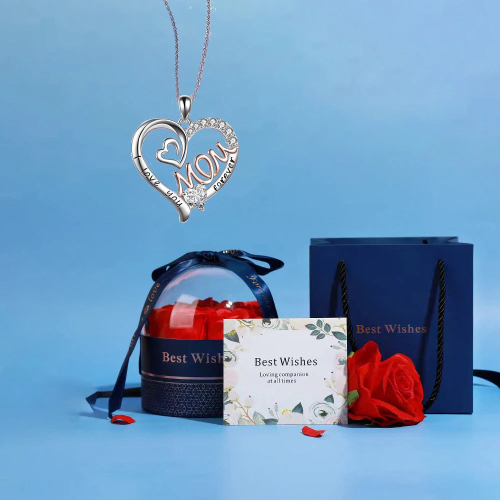 Mom Heart Pendant Necklaces With Luxury Pink Rose Flower Gift Box For Girlfriend 2024 New Mother's Day Gifts Romantic Jewelry