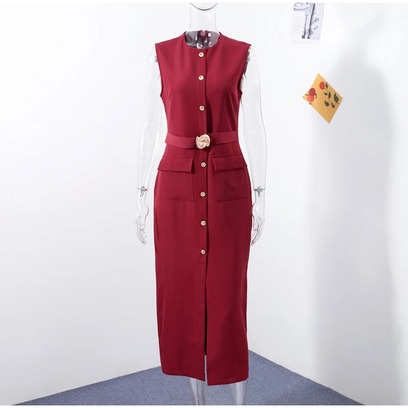 Elegant Black With Belt Women Dress O-neck Sleeveless Single Breasted Slim Female Maxi Dresses 2025 Summer New Chic Lady Robe