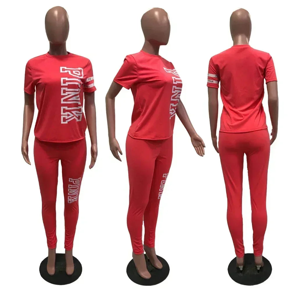 Pant Sets Tracksuits Fashion 2 Piece Sets Women Outfits Pink Letter Print O Neck Short Sleeve T Shirt Top Long Pants Suits