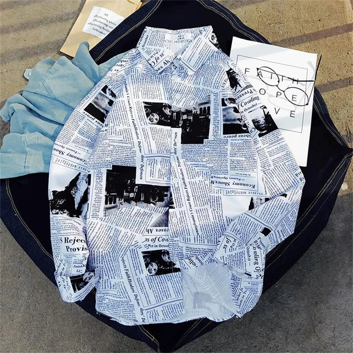 Cool Newspaper Shirts Men Fashion Hip Hop Loose Shirt Streetwear Long Sleeve Casual Summer Shirts Funny Ulzzang High Street Tops
