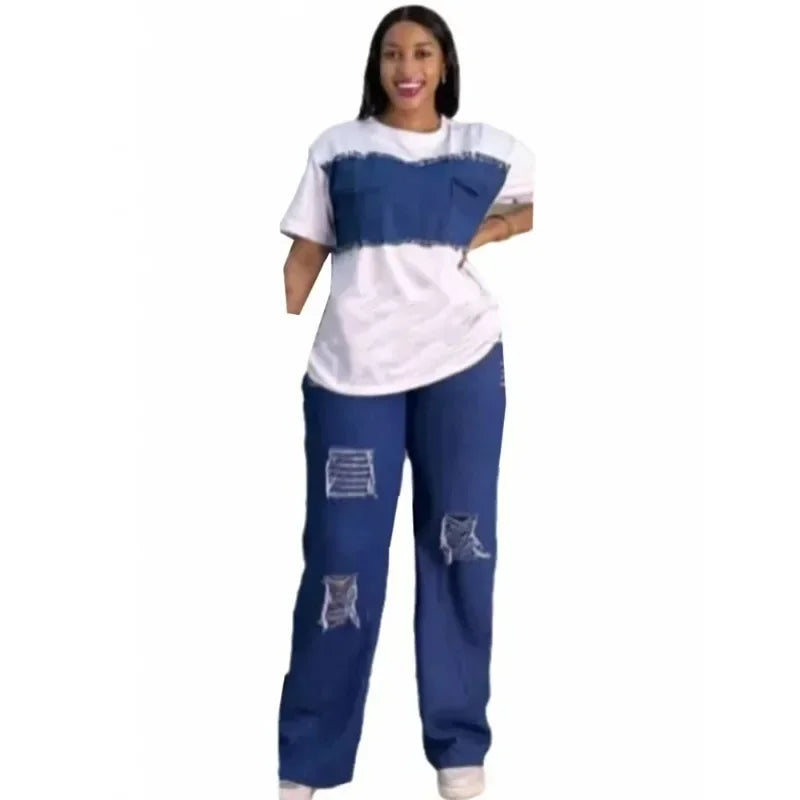 2 Piece Women Set Dashiki Denim African Clothes Summer New Fashion Short Sleeve Top And Jeans Suit Party Lady Matching Sets