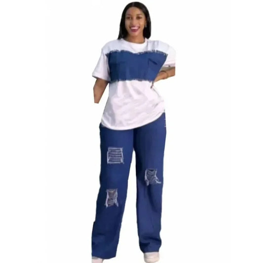 2 Piece Women Set Dashiki Denim African Clothes Summer New Fashion Short Sleeve Top And Jeans Suit Party Lady Matching Sets