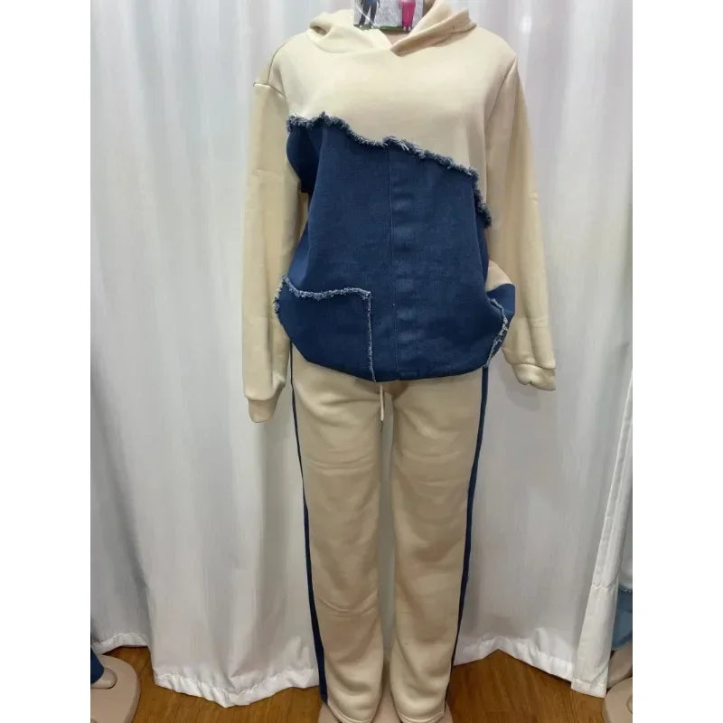 2025 Spring Autumn 2 Piece Women Set Dashiki African Clothes Fashion Long Sleeve Denim Top And Pants Suit Party Matching Sets