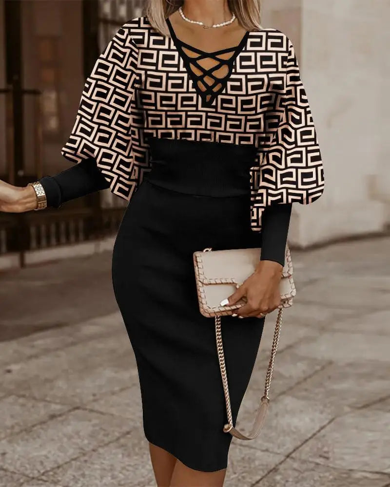 Elegant Long-sleeved V-neck Waist Dress For Women Fashionable Autumn Winter Slim Vintage Printing Hip-covering Dresses Female