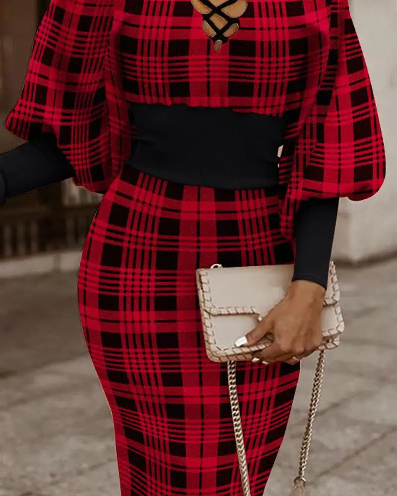 Elegant Long-sleeved V-neck Waist Dress For Women Fashionable Autumn Winter Slim Vintage Printing Hip-covering Dresses Female