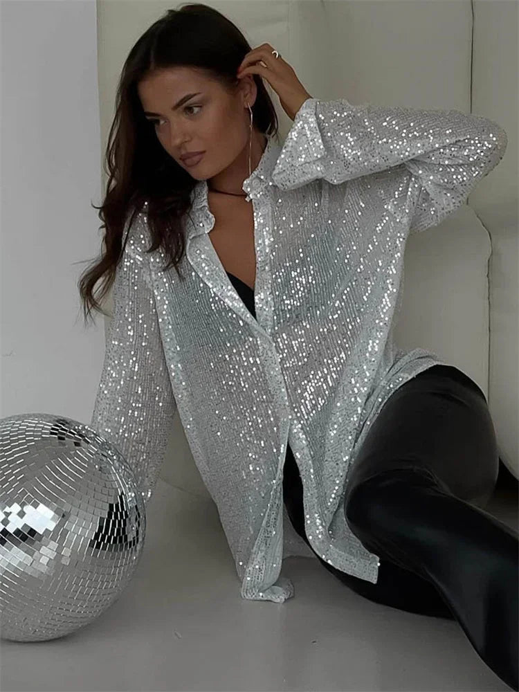 Tossy Sequin Loose Fashion Shirts Female Casual Lapel Cardigan Summer Clothes New Outwear Glitter Party Blouse Luxury Women's