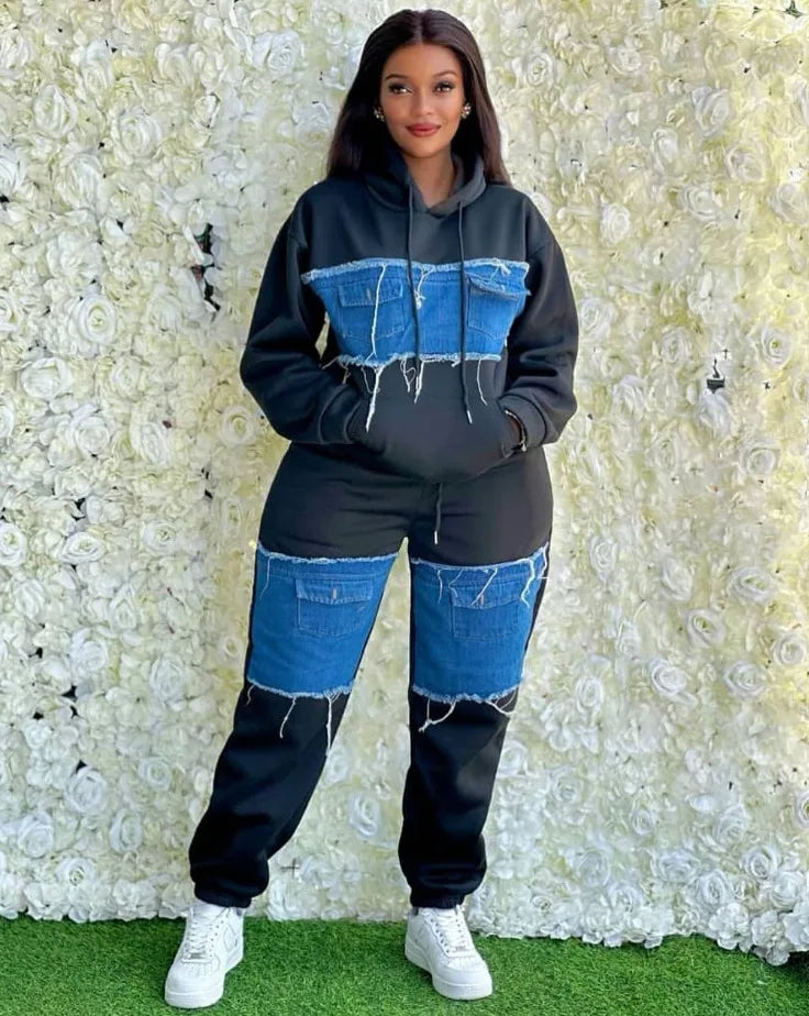 2025 Spring Autumn 2 Piece Women Set Dashiki African Clothes Fashion Long Sleeve Denim Top And Pants Suit Party Matching Sets