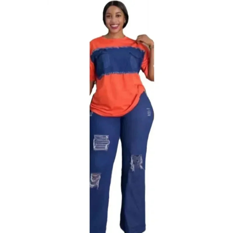 2 Piece Women Set Dashiki Denim African Clothes Summer New Fashion Short Sleeve Top And Jeans Suit Party Lady Matching Sets