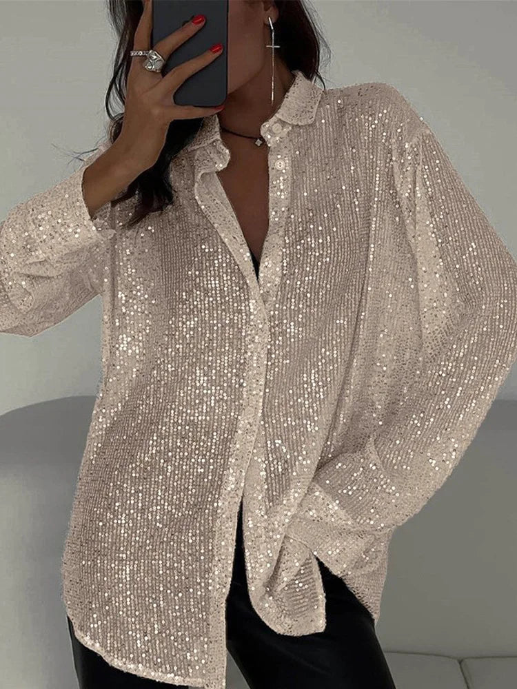 Tossy Sequin Loose Fashion Shirts Female Casual Lapel Cardigan Summer Clothes New Outwear Glitter Party Blouse Luxury Women's