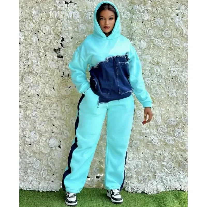 2025 Spring Autumn 2 Piece Women Set Dashiki African Clothes Fashion Long Sleeve Denim Top And Pants Suit Party Matching Sets