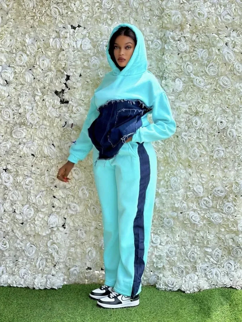 2025 Spring Autumn 2 Piece Women Set Dashiki African Clothes Fashion Long Sleeve Denim Top And Pants Suit Party Matching Sets