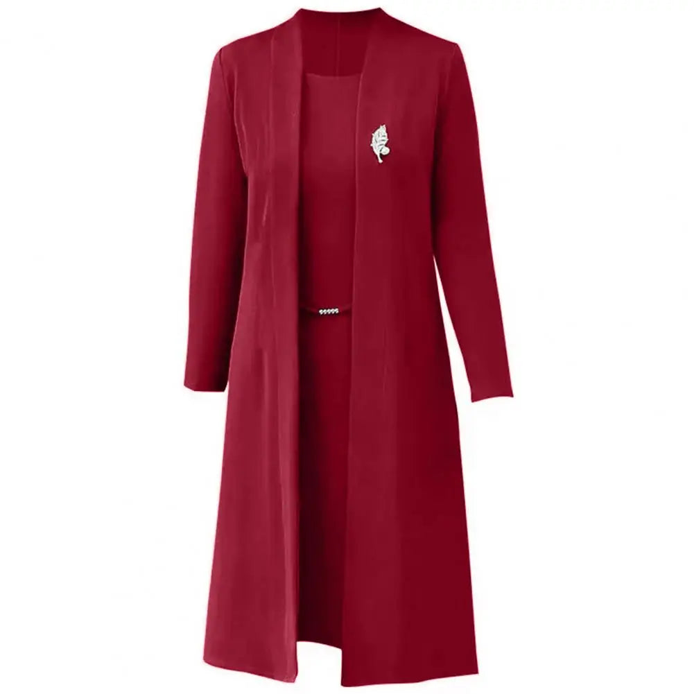 Solid Color Long Sleeve Coat Elegant Middle-age Ladies Dress Coat Suit with Open Front Long Cardigan Dress Kit for Spring Fall