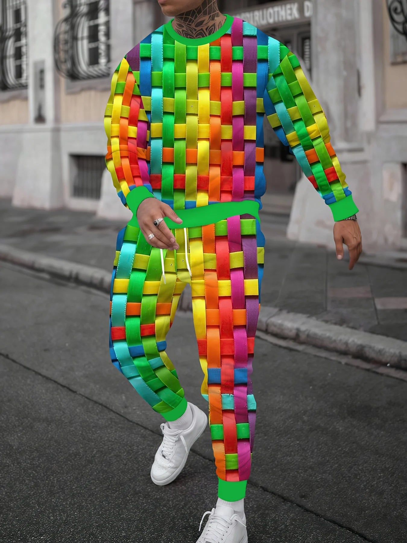 Fashion Colorful Gradient 3D Print Men's Sportswear Set Long-Sleeved T Shirt Pants 2-Piece Set Oversized Pullover Men Clothing