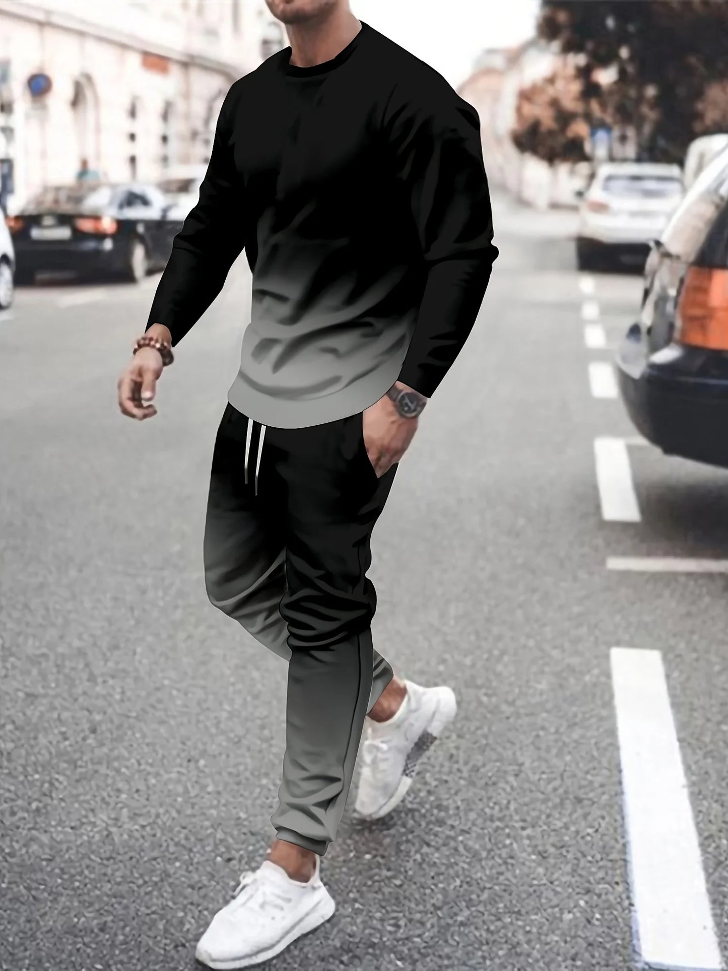 Fashion Colorful Gradient 3D Print Men's Sportswear Set Long-Sleeved T Shirt Pants 2-Piece Set Oversized Pullover Men Clothing