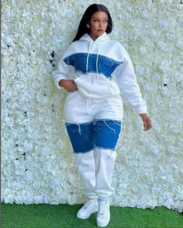 2025 Spring Autumn 2 Piece Women Set Dashiki African Clothes Fashion Long Sleeve Denim Top And Pants Suit Party Matching Sets