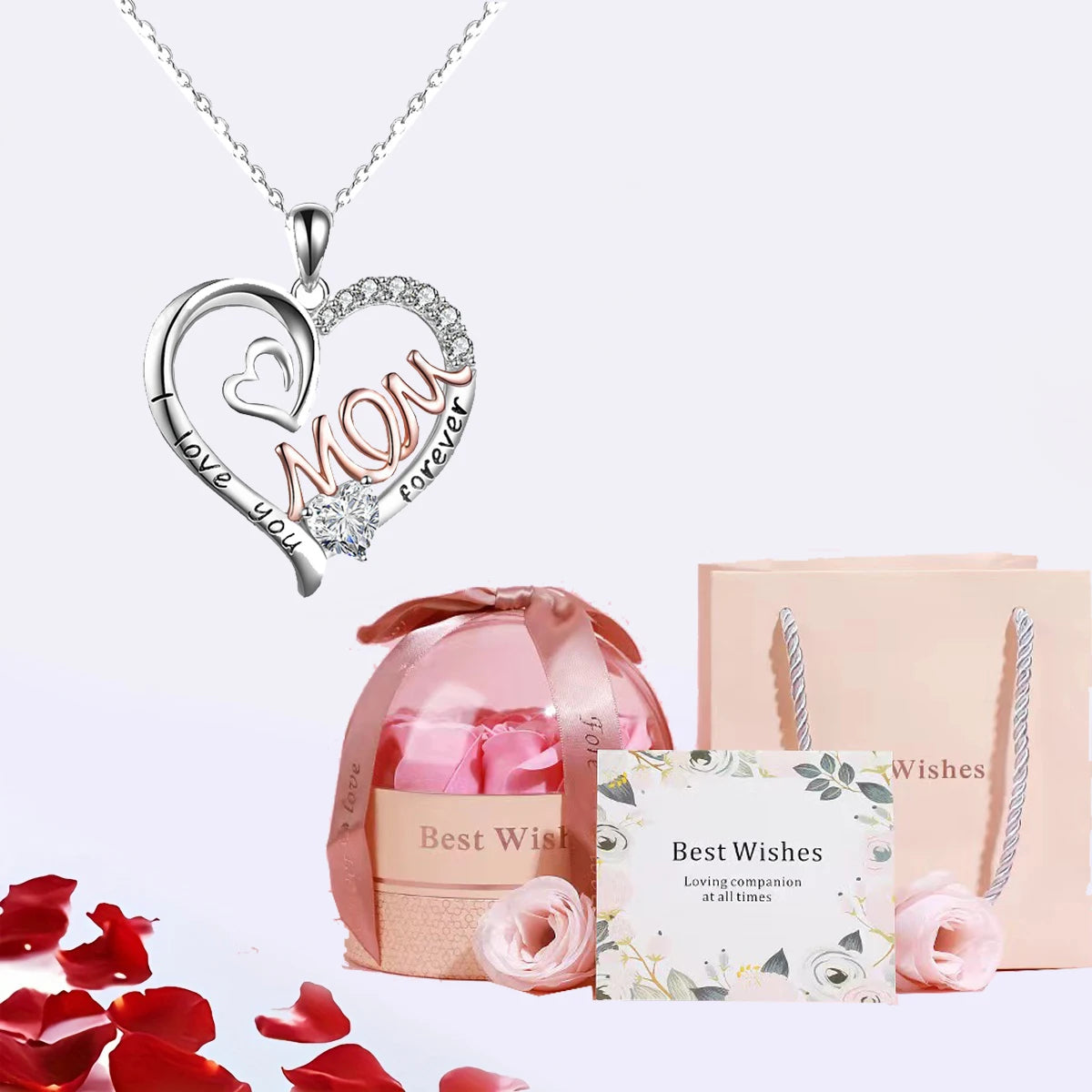 Mom Heart Pendant Necklaces With Luxury Pink Rose Flower Gift Box For Girlfriend 2024 New Mother's Day Gifts Romantic Jewelry