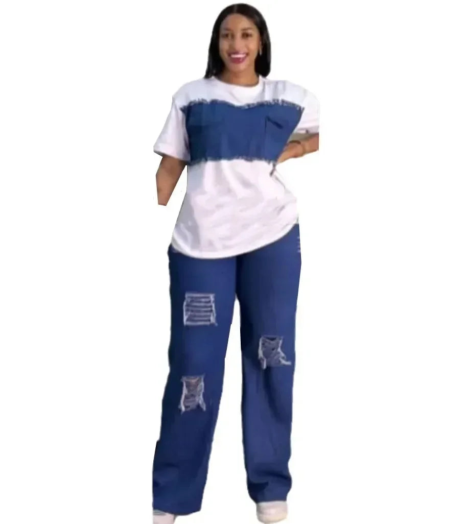 2 Piece Women Set Dashiki Denim African Clothes Summer New Fashion Short Sleeve Top And Jeans Suit Party Lady Matching Sets